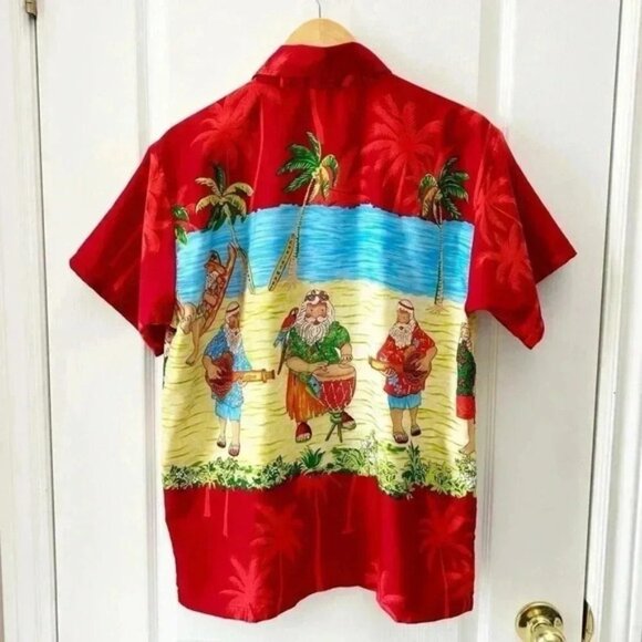 Rima Mens Hawaiian Santa Shirt Short Sleeve Button Front Red Blue Yellow Medium - Picture 3 of 13